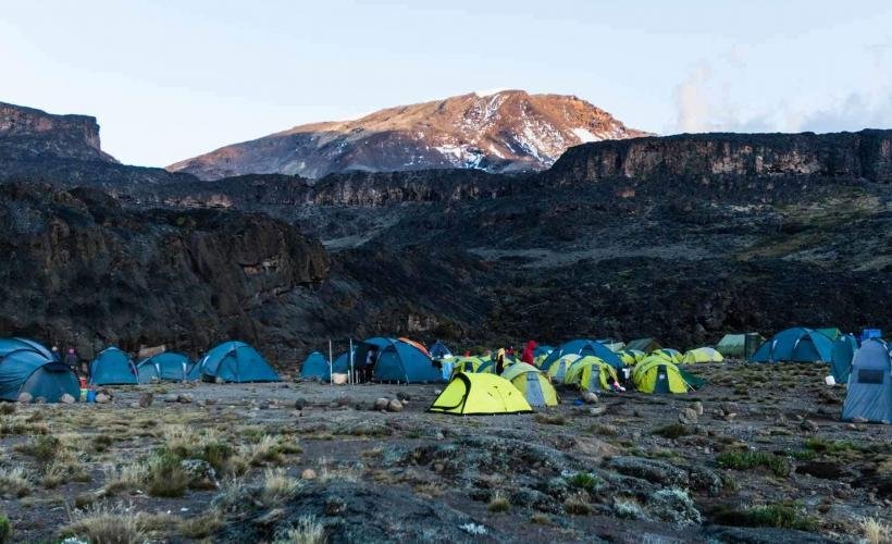 Tält framför Kilimanjaro Vi bor i tält under vår vandring mot Kilimanjaro
